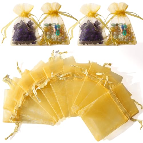 WenTao 100pcs Little Gold Organza Bags, 2x3inch Mesh Jewelry Pouches Drawstring Empty Sachets for Bracelets Candy Small Gift - color: gold
