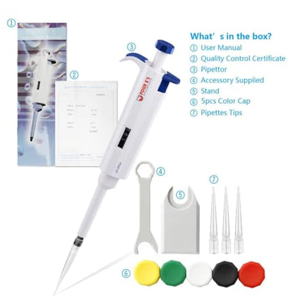 FOUR E'S SCIENTIFIC 20-200μL Pipette, Single-Channel Adjustable Pipettor | Manual Micropipette, Clear Volume Display, Lightweight Ergonomic Design - size: 06 (20-200ul)