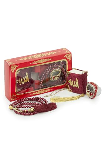 ihvan online Mini Velvet Quran Set with Islamic Finger Counter, Portable Digital Tasbeeh, Muslim Prayer Beads, Pearl Zikirmatic Beads, 3 Pieces Gift Set for Mevlüt (Red) - color: Red