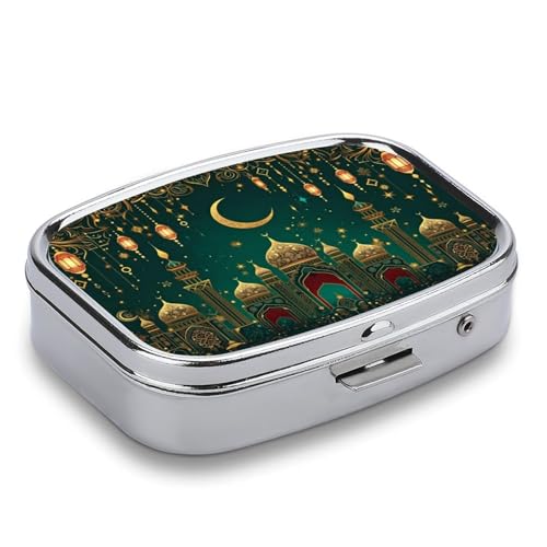 Green & Golden Islamic-Inspired Square Pill Box Metal 2.2x1.6 Inch,Medicine Storage Case Compact Travel Pill Organizer Pocket Pill Container for Daily Medication Vitamins Pills - color: Green & Golden Islamic-inspired
