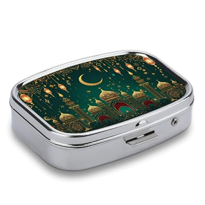 Green & Golden Islamic-Inspired Square Pill Box Metal 2.2x1.6 Inch,Medicine Storage Case Compact Travel Pill Organizer Pocket Pill Container for Daily Medication Vitamins Pills - color: Green & Golden Islamic-inspired
