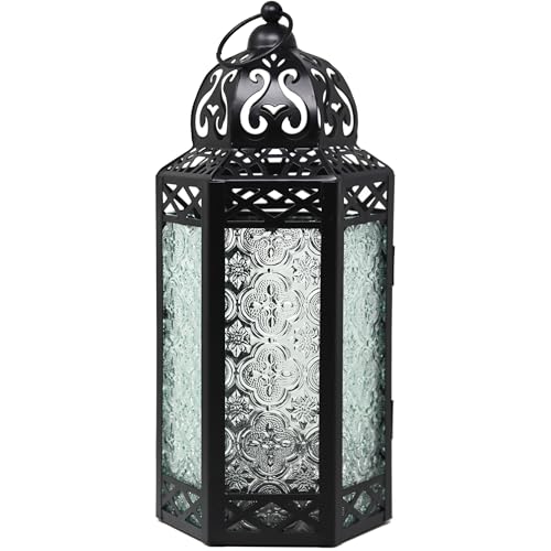 Vela Lanterns Decorative Indoor Candle Holder Table Centerpieces - Moroccan Hanging Outdoor Patio & Porch Home Decor, Turkish Lamp for Wedding, Ramadan (Large 12", Clear Glass) - color: Black/Clear, size: Large