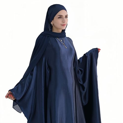 Abaya Muslim Women Dress Satin Batwing Sleeve Kaftan Maxi Arabian Dubai Islamic Ramadan Prayer Dress with Hijab Scarf - color: Navy
