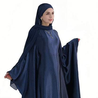 Abaya Muslim Women Dress Satin Batwing Sleeve Kaftan Maxi Arabian Dubai Islamic Ramadan Prayer Dress with Hijab Scarf - color: Navy