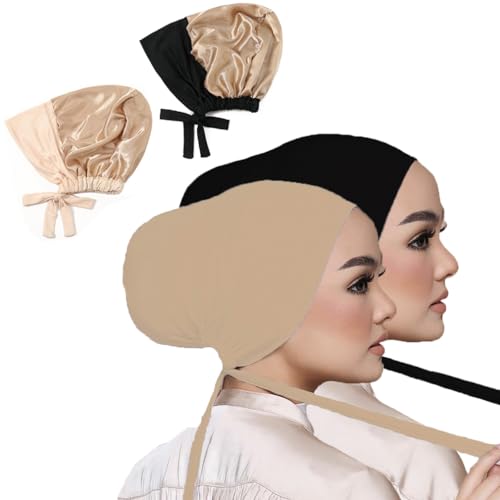 Women Under Scarf Hat Hijab Undercap Islamic Muslim Under Scarf Hijab Cap with Tie-Back Closure - color: Black2+beige2