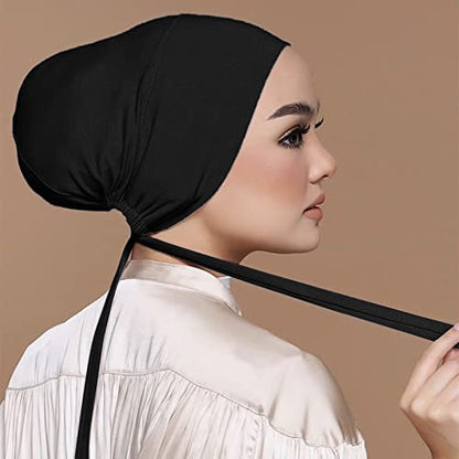 Chiffon Hijab with Undercap Fashion Solid Color Chiffon Head Wraps Under Scarf Caps Muslim Fashion Bandage - color: Black