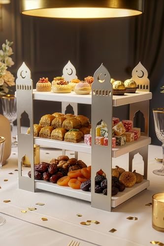 Islamic Serving Stand Wood Metal Table Decor 3 Tier Tray for Ramadan Iftar Sahur Appetizers Desserts Snacks - Gray-White