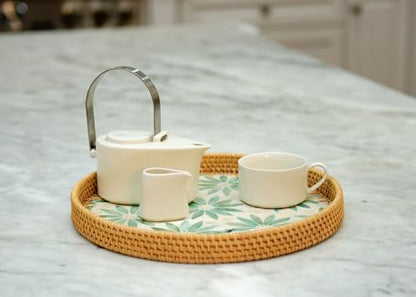 Magenta & Teal Round Rattan Serving Tray with Mother of Pearl Inlay, Wicker Coffee Table Decor, Farmhouse Style (Light Blue Flower Pink) - color: Light Blue Flower Pink