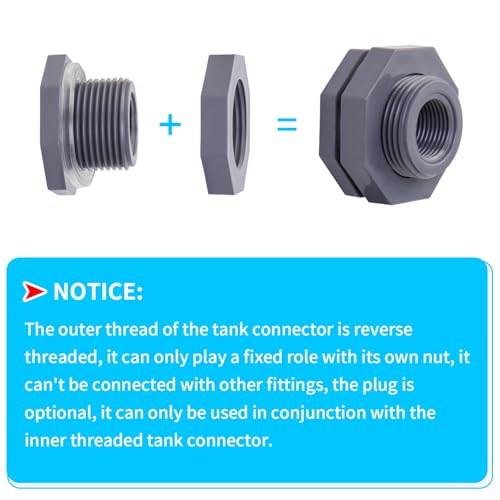ChillWaves PVC Bulkhead Fitting 1/2" Double Thread Connector Adapter for Water Tank, Aquariums, Rain barrels(8-PACK) - size: 1/2 INCH, style: Bulkhead Fitting