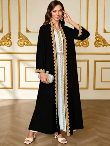 Elegant Muslim Dress with Embroidered Traditional Islamic Attire Maxi Robe Eid Prayer Gown - color: Black, size: XX-Large