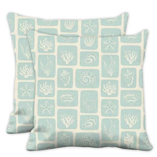 coastal pillow covers 18x18 in blue green plaid throw pillow covers 18x18 set of 2 summer ocaen starfish coral pillows cover sea shell seaweed throw pillows cover decor modern geometric pillowcover - color: Summer Ocean Checkered