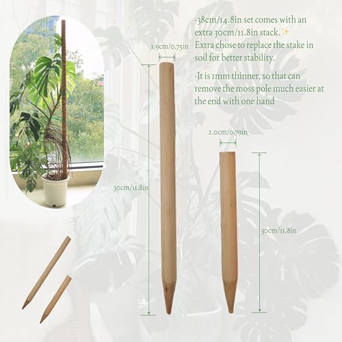 Moss Pole for Plants 4 Pack Natural Coco Coir Climbing Support Stakes with Plant Ties Indoor Monstera Plant Training Extension Poles 14.8inch Each Total 59.2inch - size: 38cm