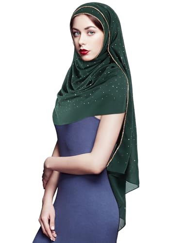 Geyoga Hijab Scarf for Women Soft Chiffon Rhinestone Long Scarf Shawl Fashion Muslim Hijab Head Wrap Scarves - color: Dark Green