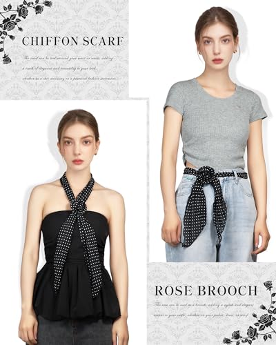 Chiffon Scarf for Women, Removable Flower Neck Scarf Light Soft Fashion Rose Scarves Versatile Headband or Hair Band - color: Small Black Polka Dot