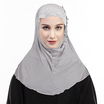 Women Soft One Piece Hijab Long Muslim Turban Islamic Full Head Scarf - color: Grey/Flower