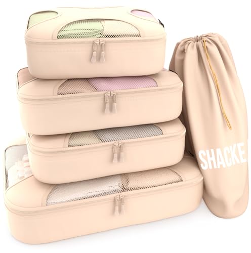 Shacke 5 Set Packing Cubes for Travel with Laundry Bag (Cream) - color: 5 Set - Cream, size: Set of 5