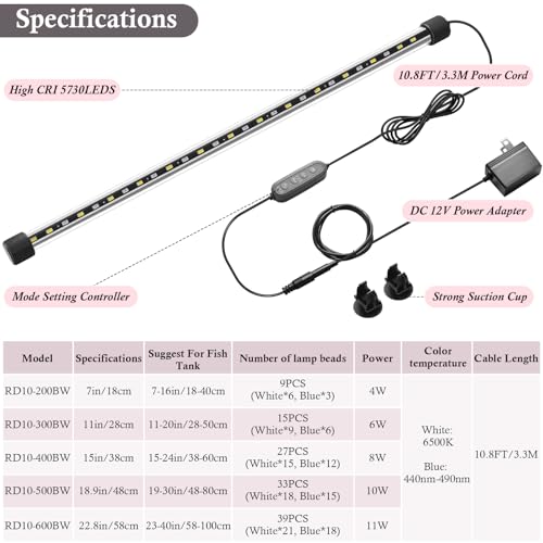 Dirvin LED Fish Tank Light with Timer, 24/7 Mode & 3 Color Aquarium Light | Submersible Adjustable Brightness, IP68 Waterproof, Sunrise-Daylight-Moonlight, Auto On/Off for fresh and salt water, 8W - size: 15in