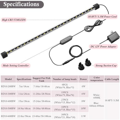 Dirvin LED Fish Tank Light with Timer, 24/7 Mode & 3 Color Aquarium Light | Submersible Adjustable Brightness, IP68 Waterproof, Sunrise-Daylight-Moonlight, Auto On/Off for fresh and salt water, 8W - size: 15in