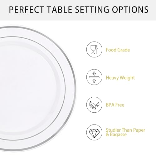 Supernal 102pcs White and Silver Plastic Plates Disaposable Party Plates White Silver Rim Heavy Duty Fancy Silver Plastic Dinnerware Set included 51 Dinner & Dessert Plates for Valentine's Day - color: 102pcs White and Silver Plastic Plates