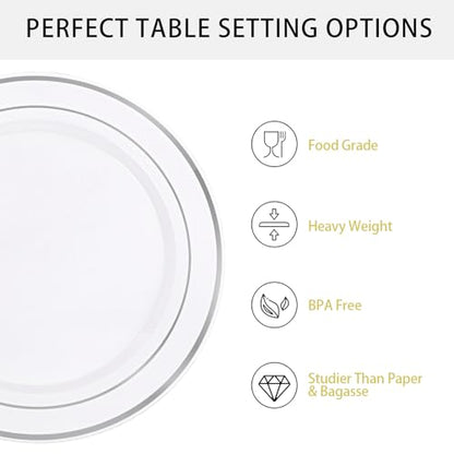 Supernal 102pcs White and Silver Plastic Plates Disaposable Party Plates White Silver Rim Heavy Duty Fancy Silver Plastic Dinnerware Set included 51 Dinner & Dessert Plates for Valentine's Day - color: 102pcs White and Silver Plastic Plates