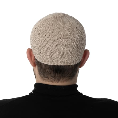 Modefa Men's Islamic Turkish Diamond Pattern Knitted Kufi Hats for Men - Islamic Muslim Headwear for Men - Prayer Cap Takke - color: Camel Beige