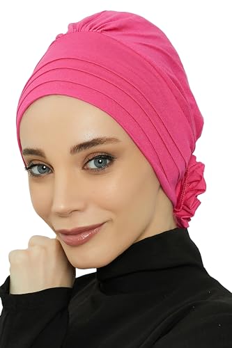 Aisha's Design Instant Turban Head Wraps for Women, Combed Cotton Scarf Lightweight Pre tied Hijab with Back Rose Detail - color: Fuchsia