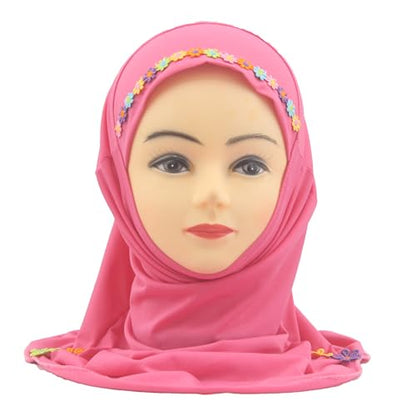 Girls Instant Hijab – Soft Kids Muslim Scarf with Flower, Breathable One-Piece Headscarf for Toddlers Age 2-8 - color: Small Flower-rose