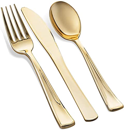 125 Piece Gold Dinnerware Party Set - 50 Gold Rim Plastic Plates, 25 Dinner 25 Dessert Plates, 25 Knives, 25 Forks, 25 Spoons - 25 Guest Disposable Set for Wedding Birthday Parties - color: Gold Rim