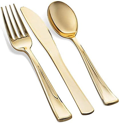 125 Piece Gold Dinnerware Party Set - 50 Gold Rim Plastic Plates, 25 Dinner 25 Dessert Plates, 25 Knives, 25 Forks, 25 Spoons - 25 Guest Disposable Set for Wedding Birthday Parties - color: Gold Rim