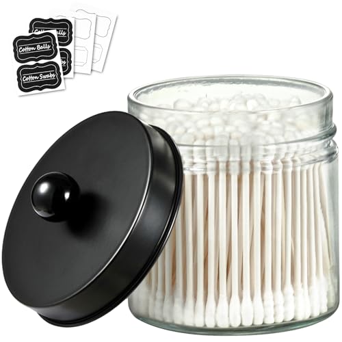 SheeChung Glass Mason Jar Qtip Holder, Black Stainless Steel Lids, 1 Pack | Clear Apothecary Jar Canisters Set,Bathroom Jar Dispenser,Vanity Storage Organizer for Cotton Swab,Ball,Floss,Farmhouse Decor - color: Black, size: 1 Pack