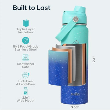 BUZIO 24 oz Insulated Water Bottle, Stainless Steel Wide Mouth Water Flask with Straw Lid, Cold for 48 Hrs Leak Proof Metal Hydro Thermo Canteen Mug, Starry Gradient Blue - color: Starry Gradient Blue, size: 24 Ounces