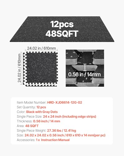 VEVOR 0.56Inch 48sq.ft 12 Tiles Gym Flooring for Home Gym, Rubber Top with High Density EVA Foam, 24 x 24In Gym Floor Exercise Equipment Mats, Interlocking Gym Mats, Puzzle Workout Mats, Black & Gray | Rubber Top with High Density EVA Foam, Lightweight Gy