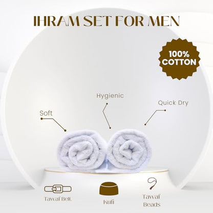 Islamic Men's Ihram Set for Hajj Umrah 100% Cotton umrah Towel with Belt Kufi and Tawaf Beads for Muslim Men 43X86 inch (110 x 220 cm)