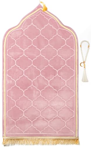 Muslim Prayer Rug with Tasbih Prayer Beads, Soft Memory Foam Prayer Matt Islam, Padded Islamic Prayer Mat Thick for Men and Women, Janamaz, Sajadah (25.6" x 43.3", Pink) - color: Pink