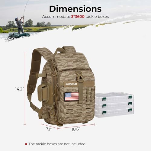 Piscifun Fishing Tackle Backpack, Rod & Gear Holder, Water-Resistant | 15L storage, breathable padding & adjustable shoulder straps, MOLLE panel, Khaki Camouflage - color: Khaki Camouflage, size: Standard