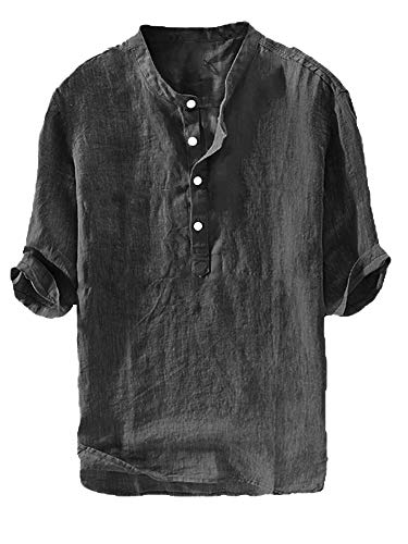 Ryannology Mens Linen Shirts Casual Cotton 3/4 Sleeve Henley T-Shirt - color: 01 Black, size: XX-Large