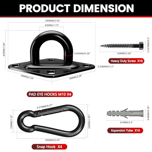 sprookber 304 Stainless Steel Pad Eye Snap Hooks, M10 Heavy Duty Ceiling Hook, 1700lb Capacity Hammock Swing Hanging kit, Plant Hangers, Marine Hardware Staple Hook Loop with Screws, Set of 8(Black) | Hanging Kit with Screws for Hammock Chair Swing, Yoga
