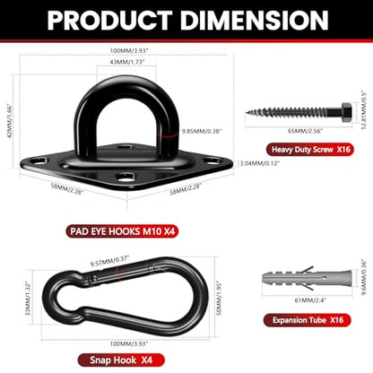 sprookber 304 Stainless Steel Pad Eye Snap Hooks, M10 Heavy Duty Ceiling Hook, 1700lb Capacity Hammock Swing Hanging kit, Plant Hangers, Marine Hardware Staple Hook Loop with Screws, Set of 8(Black) | Hanging Kit with Screws for Hammock Chair Swing, Yoga