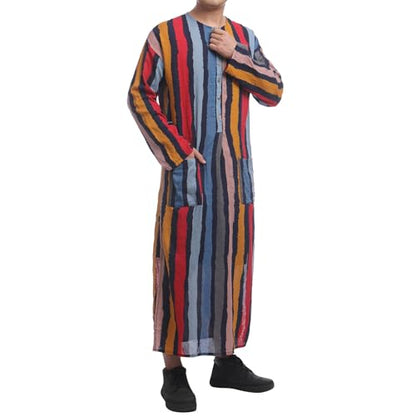 IWEMEK Muslim Thobe for Men Striped Kaftan Thobe with Pockets Saudi Arabic Robe Button up Dubai Abaya Caftan Ramadan Clothes - color: Red, size: 4X-Large