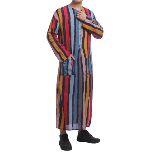 IWEMEK Muslim Thobe for Men Striped Kaftan Thobe with Pockets Saudi Arabic Robe Button up Dubai Abaya Caftan Ramadan Clothes - color: Red, size: 3X-Large
