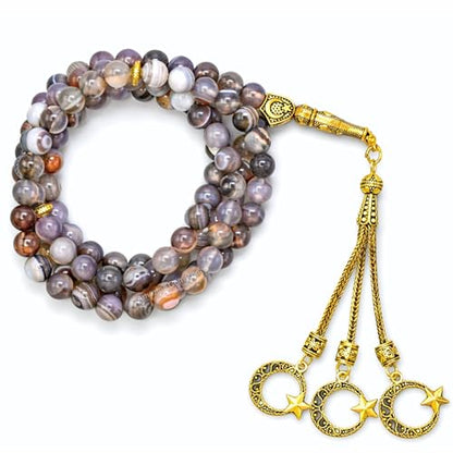 Amazing Gemstone Crystal Tasbeeh with Moon and Star Charm - Certified Crystal Muslim Prayer Beads Natural Gemstone Tasbih Gift for Ramadan Dhikr and Daily Namaz (G) - color: Botswana Agate