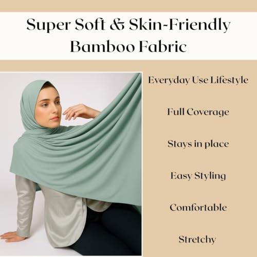 Premium Bamboo Jersey Hijab Scarves -Turban Head Wraps for Women, Fashion Headbands Long Plain Muslim Shawls - color: Light Green