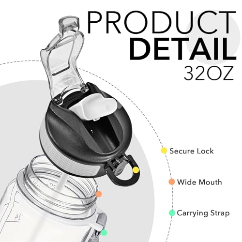 Hyeta Water Bottle with Straw & Time Marker, Plastic 32oz Leakproof | Motivational Tritan BPA Free Gym Office Outdoor Intake Tracker Hourly Reminder Straw Lid Carry Strap - color: transparent