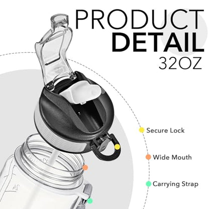 Hyeta Water Bottle with Straw & Time Marker, Plastic 32oz Leakproof | Motivational Tritan BPA Free Gym Office Outdoor Intake Tracker Hourly Reminder Straw Lid Carry Strap - color: transparent