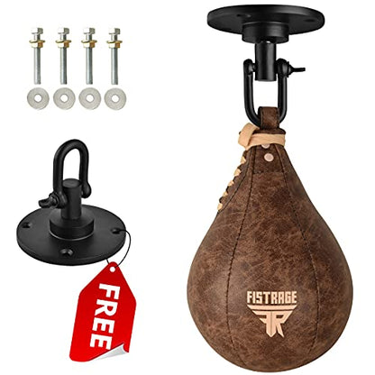 FISTRAGE Speed Ball Boxing Bag Leather MMA Muay Thai Training Punching Dodge Striking Kit with Free Hanging Swivel Workout Speedball Kicking Platform Equipment (Beige)