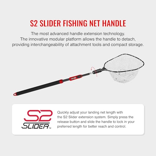 EGO S2 Slider Fishing Net Handle | Adjustable Extension Handle, Minimal Water Drag Design, Ergonomic Foam Grip for Landing Nets - size: 29" to 60" Handle, 19” x 21” Hoop, style: Lightweight Non-tangle Clear Rubber Mesh