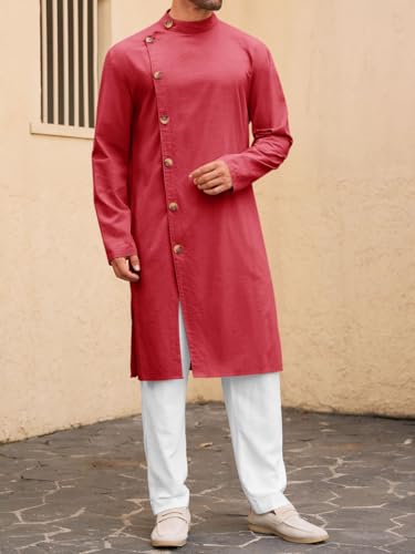 Runcati Mens Kaftan Thobe Button Down Long Sleeve Robe Casual Henley Shirt Cotton Muslim Gown Kurta Tops - color: Burgundy, size: Medium