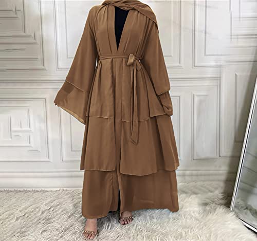 Muslim Abaya Dress for Women - Long Sleeve Islamic Dubai Abaya Cardigan Robe - Middle East Prayer Dress with Hijab - color: #A: Brown, size: Large