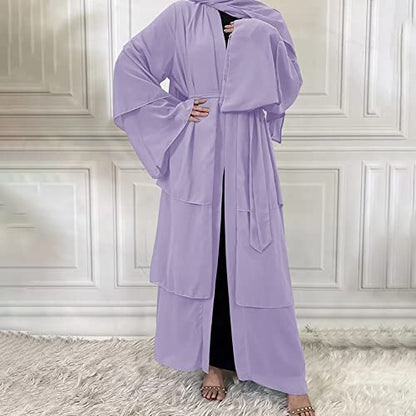 Abayas 여성용 무슬림 아바야 긴소매 맥시 드레스 루즈 풀 커버 이슬람 두바이 가디건 히잡 옷 S-XXL - color: 라이트 퍼플+히잡, size: Large