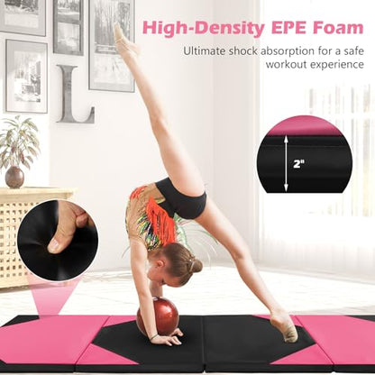 Goplus Folding Gymnastics Mat, 10’ x 4’ x 2’’ Thick Tumbling Mats with PU Leather, Hook & Loop Fasteners, Portable Handles, 4-Panel Exercise Mat for Home Gym Workouts, Yoga - color: Black+Rose